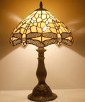 Cream Stained Glass Dragonfly Tiffany Bedside Table Lamp 12x12x18 Inches Reading Light with vintage green bronze base