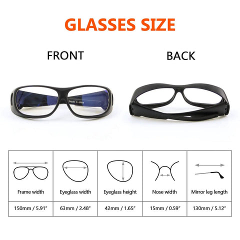 CO2 Laser Safety Goggles 10.6 Micron Reflective Eyewear With OD6 Plus Protection front and back view with size details