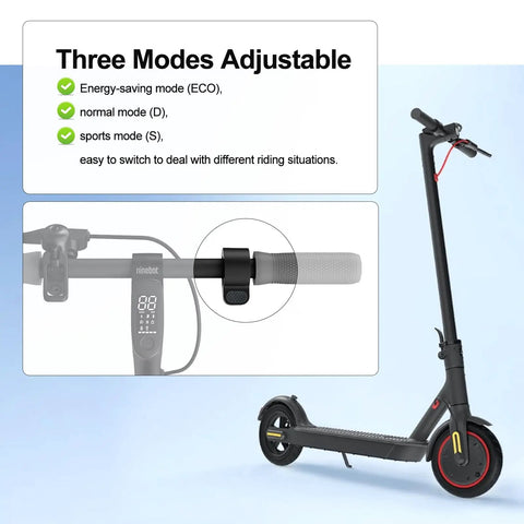 Image of a Xiaomi M365 Pro 1S Electric Scooter with thumb throttle replacement, showcasing adjustable modes: ECO, Normal, Sport.