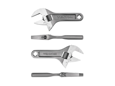 Six Inch Adjustable Wrench With One And A Half Inch Jaw Capacity Laser Engraved Scales For Quick Readouts, top and side views