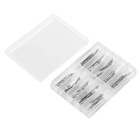 Top view of No Tool Quick Release Stainless Steel Watch Strap Spring Bars Kit, plastic box with mixed pins from 14mm to 24mm.