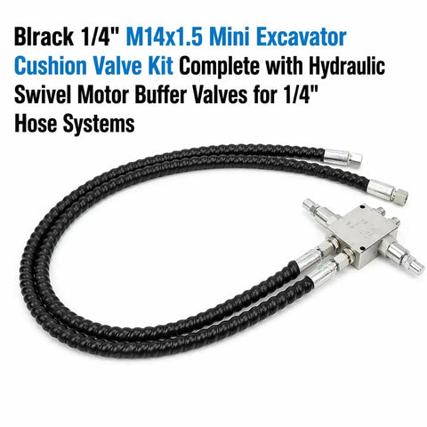 Mini Excavator Cushion Valve Kit for Hydraulic Swivel Motor with one-quarter inch hoses and M14x1.5 thread buffer assembly