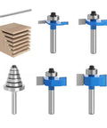 Four Piece Rabbet Router Bit Set Featuring One Quarter Inch Shanks And Six Swappable Guide Bearings Constructed From Heavy Duty Carbide Steel with an Allen key and stacked wood.