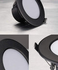 WKNHHL Recessed Lighting Housing Trim Kits Black Aluminium Embedded Integrated Grille Ceiling Spotlight Led Panel Ceiling Light Recessed Downlight European Clothing,Warm Li,Warm close-up of round black LED downlight with mounting clip