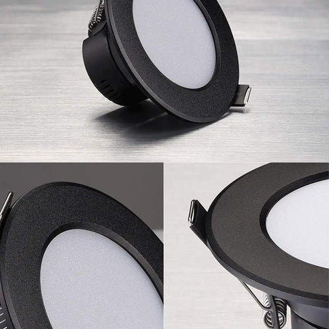 WKNHHL Recessed Lighting Housing Trim Kits Black Aluminium Embedded Integrated Grille Ceiling Spotlight Led Panel Ceiling Light Recessed Downlight European Clothing,Warm Li,Warm close-up of round black LED downlight with mounting clip
