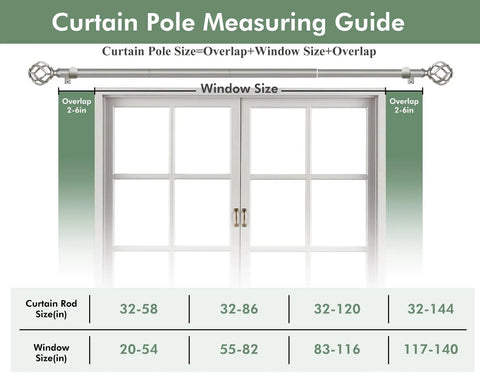 Curtain Pole Measuring Guide displaying sizes for Built Tough Telescopic Curtain Rod Adjusts From 32 To 58 Inches.