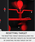 Close-up of resetting target mechanism in Airgun Ready Trap Target Pellet Collector with Resetting Target on red spinners.