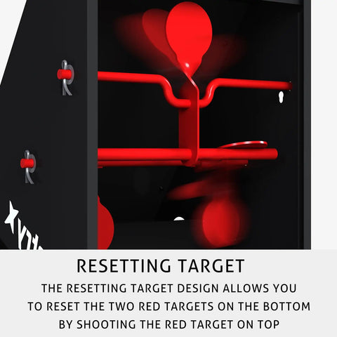 Close-up of resetting target mechanism in Airgun Ready Trap Target Pellet Collector with Resetting Target on red spinners.