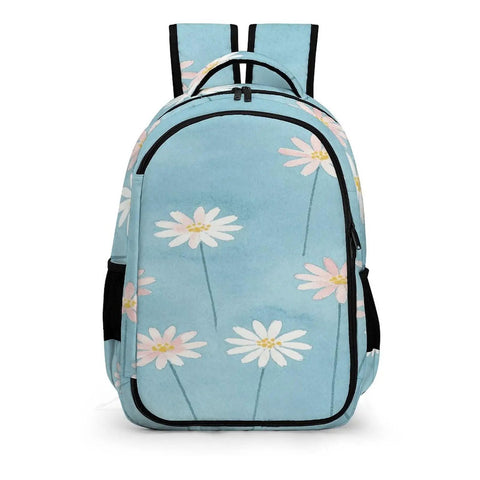 Pastel Daisy Light Blue Watercolor Printed Backpack For Everyday Use Unisex Large Capacity Polyester Go To Daypack With Durable Zipper And Breathable Fabric Ideal For School Work Travel Daily Carry And Weekend Adventures