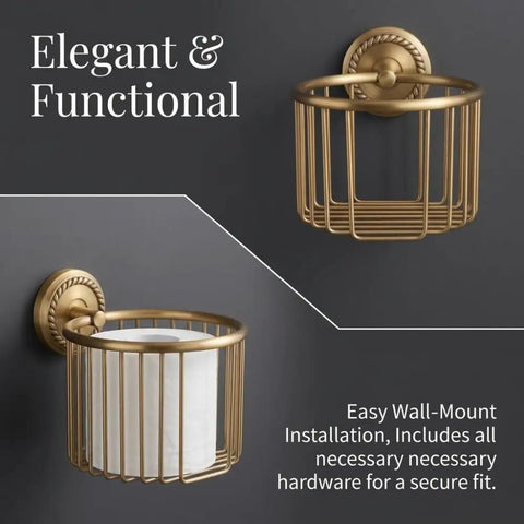 Antique Brass Toilet Paper Holder With Hollow Out Wall Mount For Bathroom, featuring durable brass and metal basket design