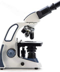 Side view of SW380B 40X-2500X Magnification Pro-Grade Binocular Lab Microscope with Siedentopf Head and Mechanical Stage