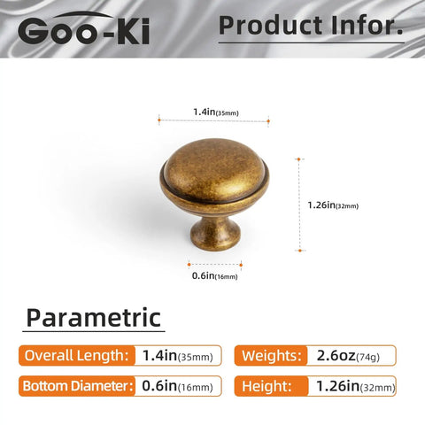 Antique Brass Cabinet Knobs 6 Pack Set, Zinc Alloy Drawer Pulls For Kitchen Cabinets, dimensions shown