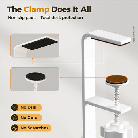 Clamp details of the Under Desk Cable Management Tray White Clamp On No Drill Wire Organizer for office and home
