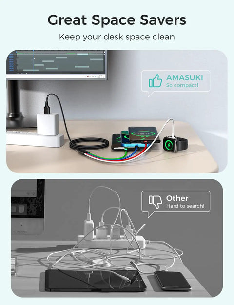 4 In 1 Travel Charging Cable Set for Apple Watch and iPhone USB C Lightning Micro USB on tidy desk