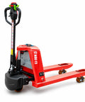 Heavy Duty Electric Pallet Jack Truck With Lithium Battery And 48 Inch Forks Lift Up To 3300 Lbs For Warehouses and Industrial Jobs, red electric pallet jack with 48 inch forks.