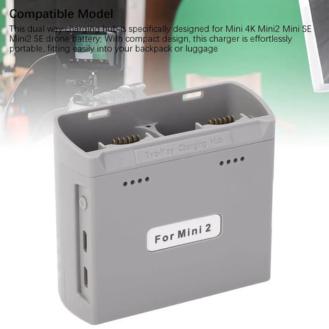 Two Way Battery Charger Hub For Mini 4K Mini 2 Mini SE And Mini 2 SE Drones with USB ports, portable and durable in gray plastic