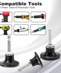 Slick Swap Roll Lock Disc Adapter 2 Inch Backing Pad Holder With Universal Quarter Inch Shank Fit For Smooth Die Grinder Operations Dead Simple Tool Changes With A Badass Quick Release Grip Fast Install showcased next to compatible power tools.