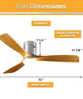 52 Inch Yellow Wood Hugger Ceiling Fan With Light And Remote, Low Profile Flush Mount, Dimensions and Design Details Shown