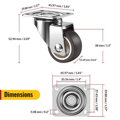 Dimensions of 1.5 Inch Heavy Duty Furniture Caster Wheels Set of 4 Rubber No Squeak Swivel Castors With Ball Bearing