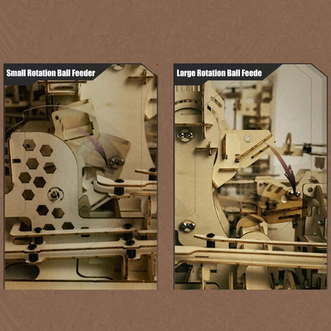 Detailed view of mechanisms in 0.55 Inch Mechanical Marble Run Model And 3D Wooden Puzzle With Electric Motor For Adults kit.