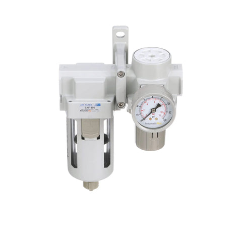 SAU420-N04G Compressed Air Filter Regulator Combo Half Inch NPT With Poly Bowl Manual Drain Bracket Gauge 10 Micron Element