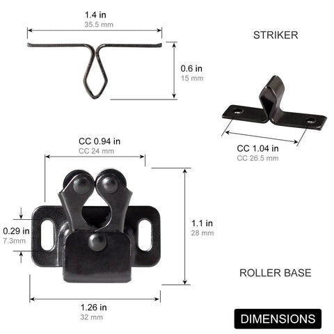 Dimensions diagram of 4 Pack Cabinet Latch Double Roller Catch Hardware For Cupboard Closet Kitchen Doors, Black Nickel Finish with details