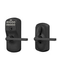 Plymouth Keypad Lock With Lever Handle Electronic Keyless Door Entry Flex Lock Auto Lock Option Matte Black shown front and back.