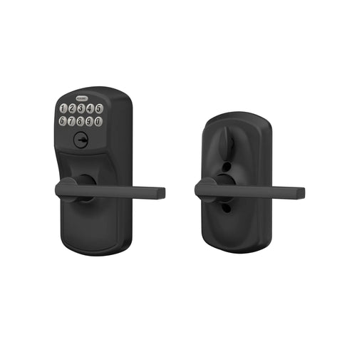 Plymouth Keypad Lock With Lever Handle Electronic Keyless Door Entry Flex Lock Auto Lock Option Matte Black shown front and back.