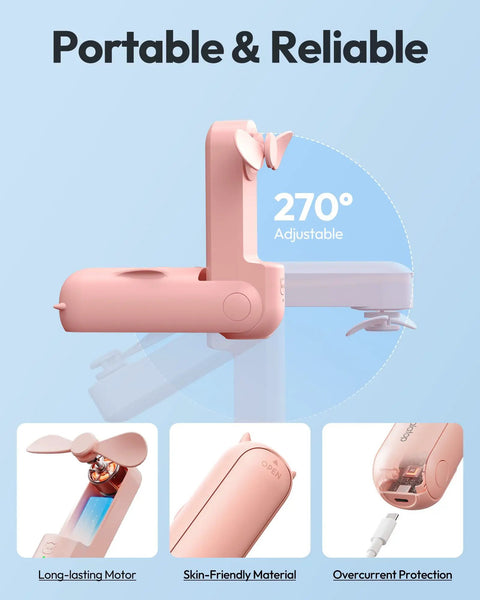 3 In 1 Portable Handheld Fan Foldable Lipstick Size USB Rechargeable Personal Cooler For Travel In Pink, 270° Adjustable Design