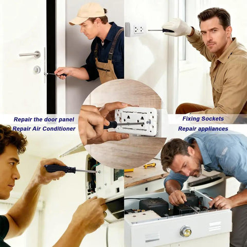 Collage of men using White Wall Plate Screws Kit 120 Pcs For Outlet Covers And Switch Plates 6-32 Screws to repair appliances.