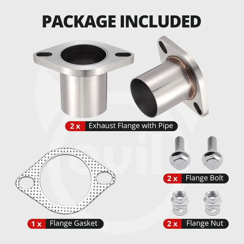 Beefed Up Two Bolt Exhaust Flange Repair Piping Kit Built With Tough As Nails 304 Stainless Steel and Full Hardware displayed with flanges, gaskets, and bolts.