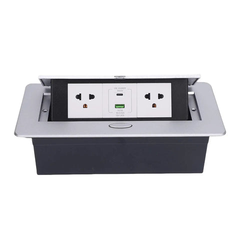 Recessed Pop Up Countertop Outlet With 20W Fast Charging Dual AC Outlets And USB A USB C Ports. Slim design for easy installation.