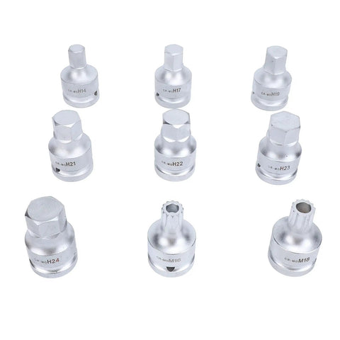 Professional 3/4 Inch Drive Impact Hex Driver Set With CrMo Steel Spline Bits And Heavy Duty Socket Kit showing 9 chrome sockets.