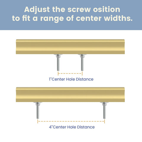 10 Pack Adjustable Cabinet Drawer Pulls 102mm 4 Inch Brushed Brass Drawer Handles with adjustable hole spacing diagram