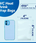 Straight Up Solid Heavy Duty Heat Shrink Wrap Bags 500 Pack 4x6 Inch Clear Film displayed next to a phone, showing 4x6 size dimensions.