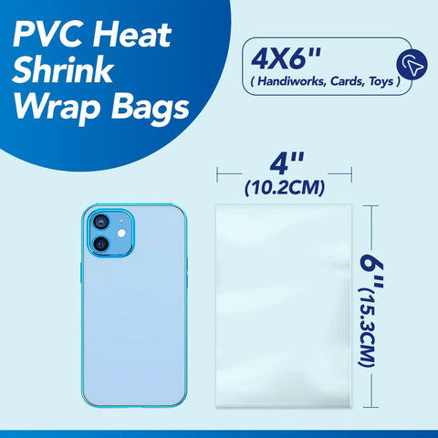 Straight Up Solid Heavy Duty Heat Shrink Wrap Bags 500 Pack 4x6 Inch Clear Film displayed next to a phone, showing 4x6 size dimensions.