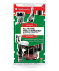 Packaging for Universal All In One Toilet Tank Repair Kit for 2 Inch Flush Valve Toilets, showing contents and install features