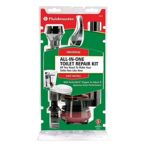 Packaging for Universal All In One Toilet Tank Repair Kit for 2 Inch Flush Valve Toilets, showing contents and install features