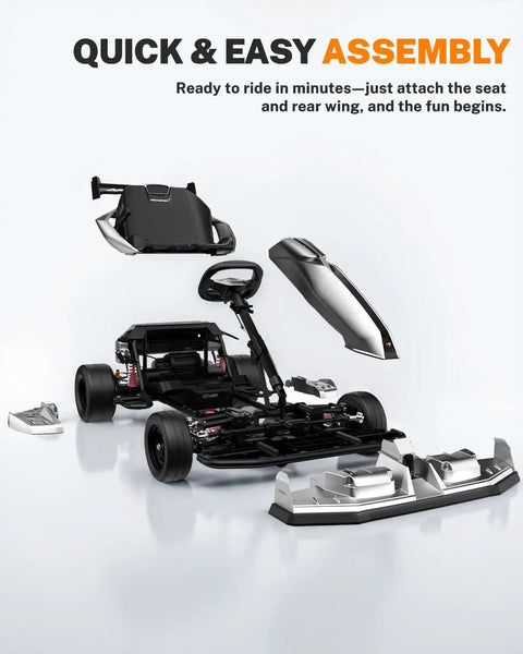 Parts for Licensed McLaren 48V Go Kart For Ages 14 And Up Dual 750W Brushless Motors shown disassembled on a white background