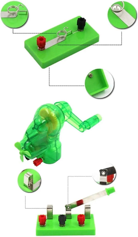 Hands On Wind Turbine And Electromagnet Lab Kit with green plastic components for STEM exploration in electrical circuits.