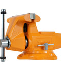 Heavy Duty 6 Inch Bench Vise With 7 Inch Jaw Opening And 360 Degree Swivel Base, orange ductile iron construction with polished finish.