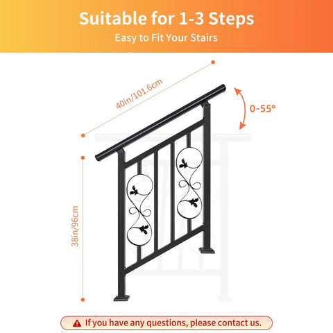 Adjustable Three Step Handrail For Outdoor Stairs with floral accents, measuring 40in x 38in, offering rust-resistant zinc steel support.