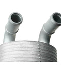 Premium Aluminum Transmission Oil Cooler Fits Mazda 3 And CX-5 With Sleek Silver Finish 8 Cooling Rows L4 Engine close-up of dual pipes