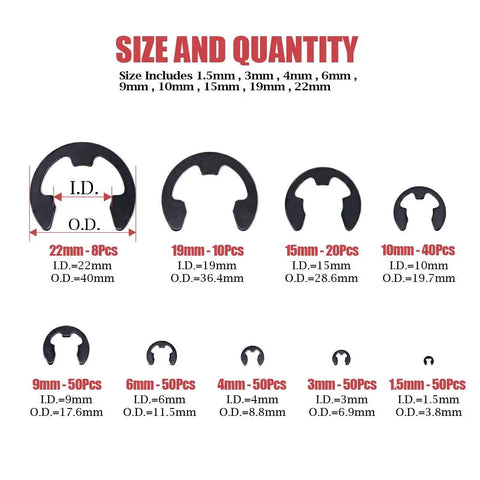 Alloy Steel External E Clip Retaining Ring Set 328 Piece Kit With 14 Sizes From 1.5mm To 15mm For Automotive Machinery And DIY Projects