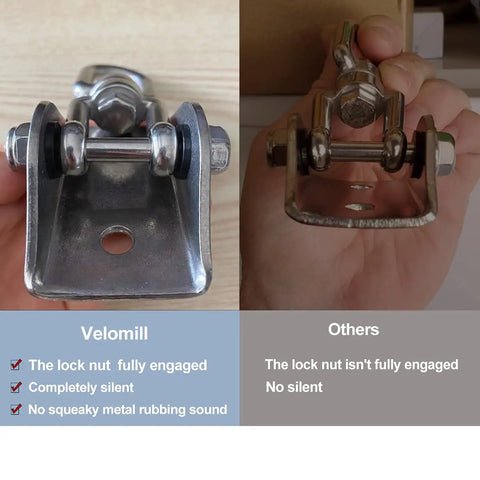 Comparison of fully engaged Velomill lock nut versus loose competitor, part of Heavy Duty Hammock Hanging Kit With 360 Degree Rotate Hooks, 1000 Lb Capacity, Easy Install With Bolts, Screws And Snap Hooks, Ultra Durable Swing Kit For Indoor Outdoor Gyms, Chairs, Beds And More.