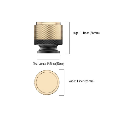 Side and top view of 10 Pack Matte Black And Gold Knurled Cabinet Knobs For Kitchen Cabinets And Dressers, showing dimensions of 1 inch high.