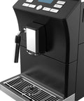 Skip The Line Top Tier Automatic Espresso Machine With Built In Bevel Gear Grinder and Fast Heating showing front view and drip tray.
