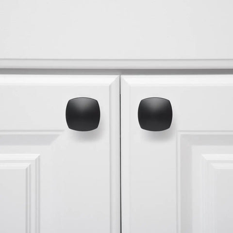 Flat Black Rounded Square Cabinet Knob Set No Brainer Install on white kitchen cabinet doors