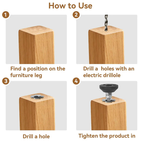 How to use Heavy Duty Adjustable Leveling Feet Set on wooden furniture legs with installation steps shown.