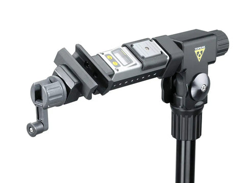 Close-up of Pro Level Bike Repair Stand With Built In Digital Scale, featuring 360 rotating clamp on durable tripod design in black.